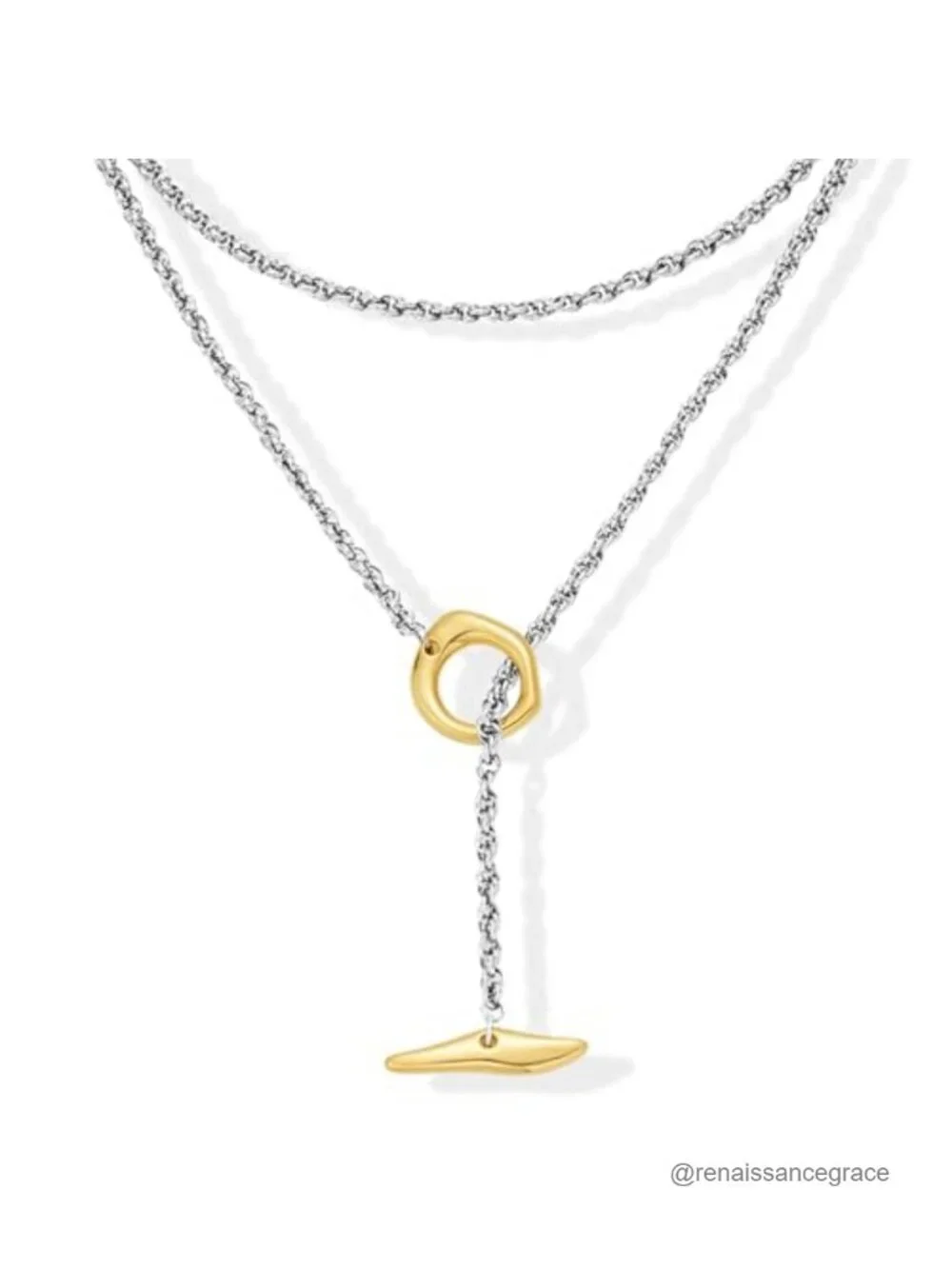 Two Tone Lariat Y Necklace Women Silver Gold Adjustable Layered Chain Dainty